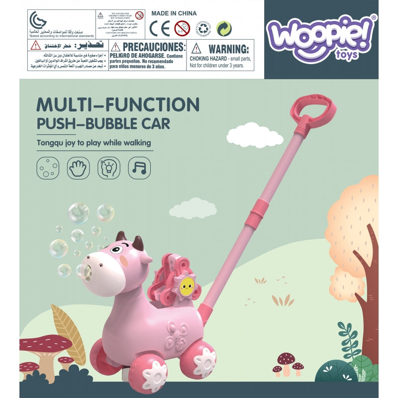 WOOPIE Duwkar Koe voor baby, Inclusief Geluid en Zeepbellen voor kinderen - Roze/Paars, Duwspeelgoed