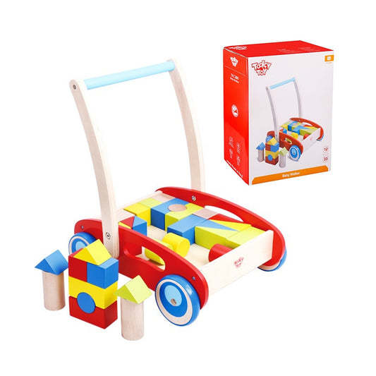 TOOKY TOY Houten Loopwagen Duwspeelgoed voor Kinderen + 23-delige Blokkenset