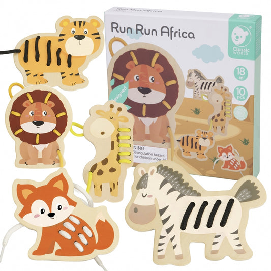 CLASSIC WORLD Houten Veterspel, Rijgspel Afrikaanse Dieren 10 stuks