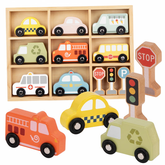 TOOKY TOY Set van Houten Voertuigen en Verkeersborden in houten standaard