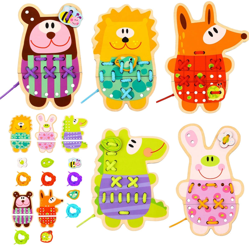 WOOPIE GREEN 5-in-1  Houten Rijgspel -Dieren Rijgen Set - (Engelstalig)