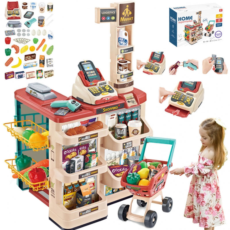 WOOPIE Speelgoed Supermarkt Speelwinkel met Winkelwagentje, Weegschaal, Kassa, Scanner + 48 Accessoires
