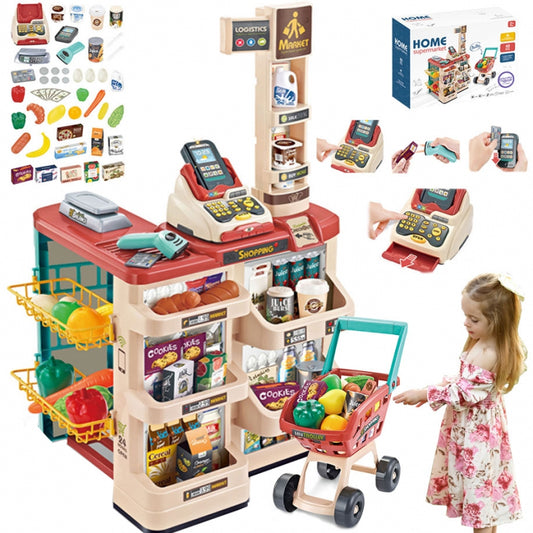WOOPIE Speelgoed Supermarkt Speelwinkel met Winkelwagentje, Weegschaal, Kassa, Scanner + 48 Accessoires
