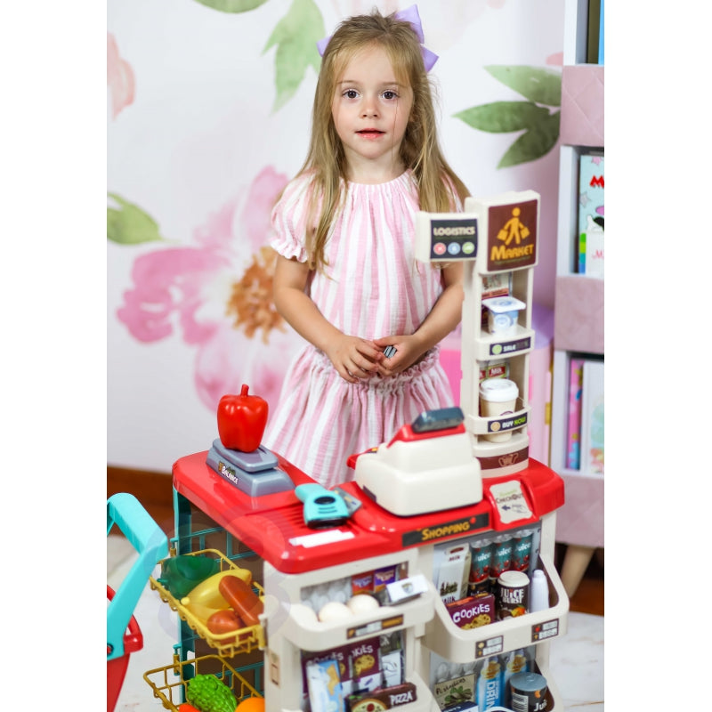 WOOPIE Speelgoed Supermarkt Speelwinkel met Winkelwagentje, Weegschaal, Kassa, Scanner + 48 Accessoires
