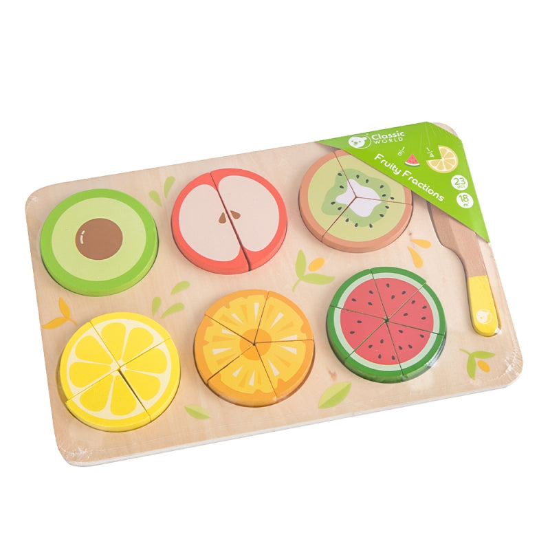 CLASSIC WORLD Houten Fruit om te Snijden met Klittenband + Breuken en Delen Leren 23 stuks