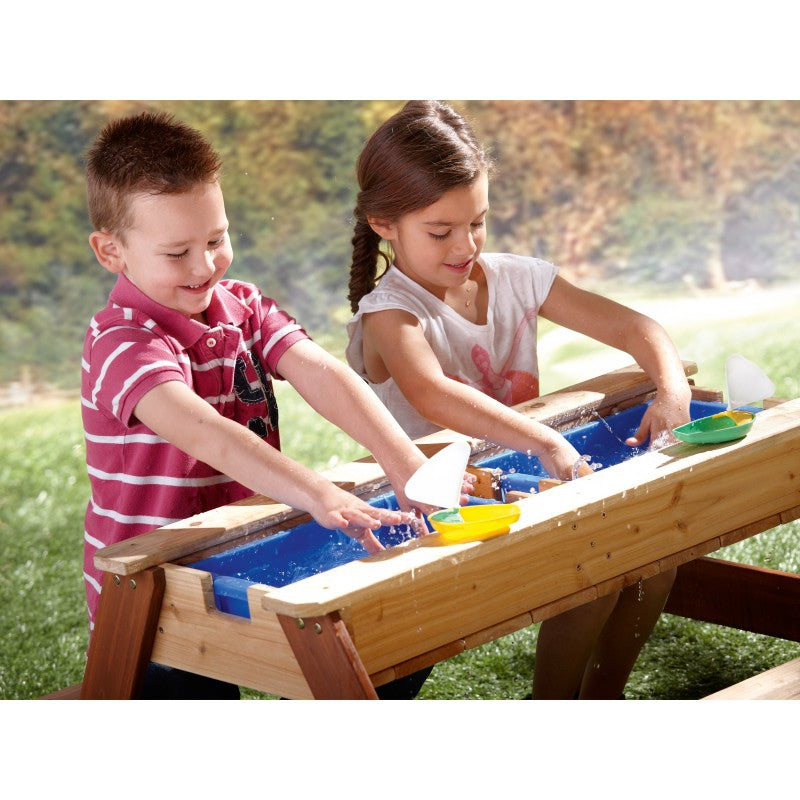 AXI Picknicktafel met Bankje, Parasol en Water-/Zandbakken