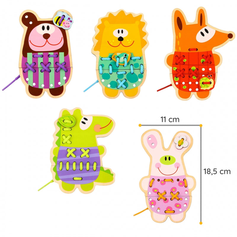 WOOPIE GREEN 5-in-1  Houten Rijgspel -Dieren Rijgen Set - (Engelstalig)