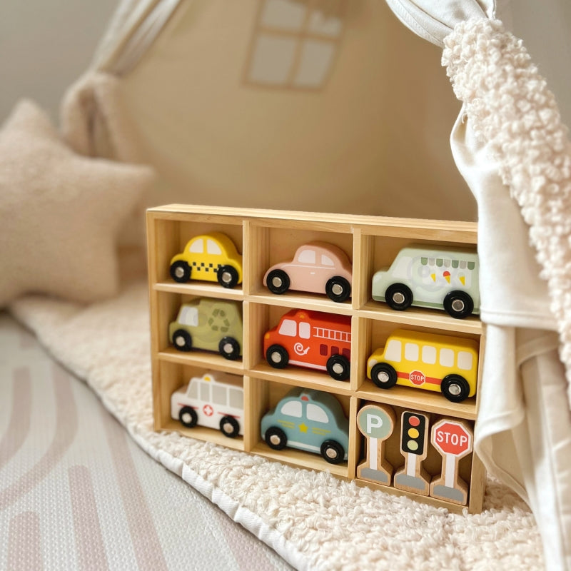 TOOKY TOY Set van Houten Voertuigen en Verkeersborden in houten standaard