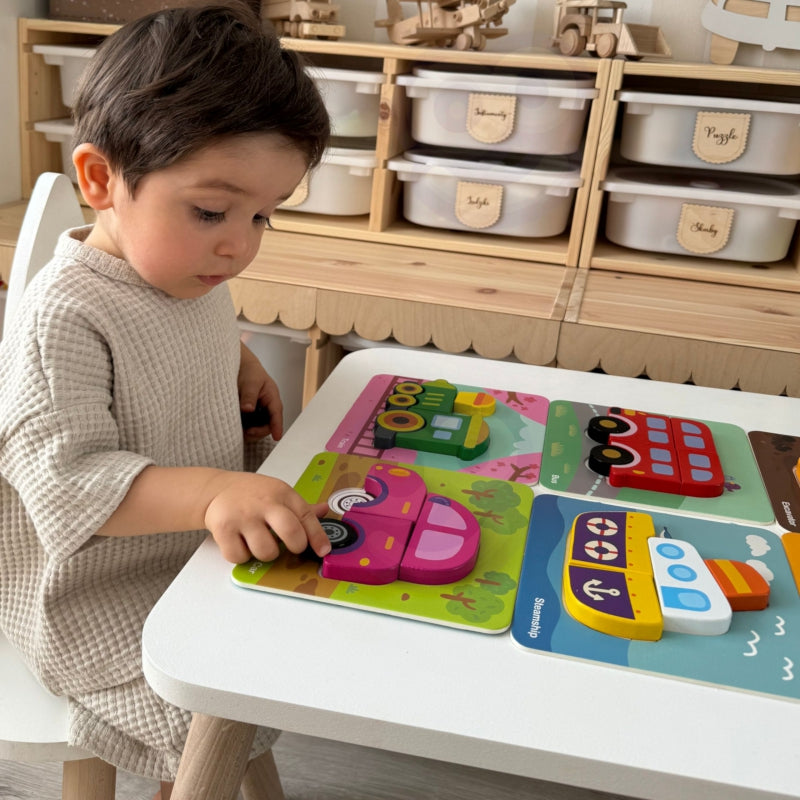 WOOPIE GREEN Houten Puzzel Voertuigen - Auto, Bus, Boot en meer -  Montessori speelgoed