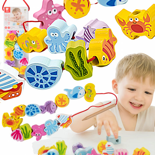 CLASSIC WORLD Houten Rijgblokken Waterdieren - 13 stuks