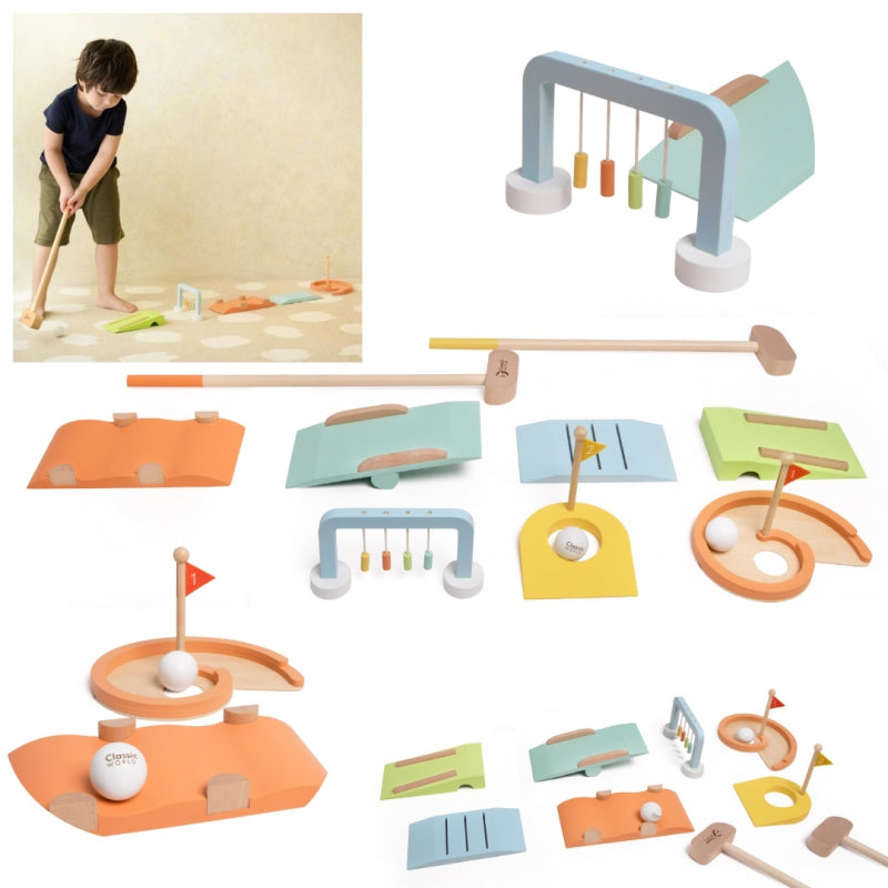 CLASSIC WORLD Houten Golfset met Diverse Obstakels - Mini golfset - Pastelkleurig