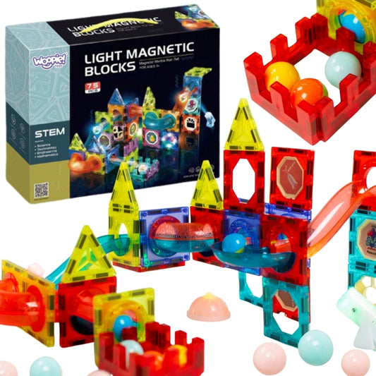 WOOPIE Magnetische Bouwstenen, Lichtgevende Kogelbaan, Knikkerbaan 75 stuks