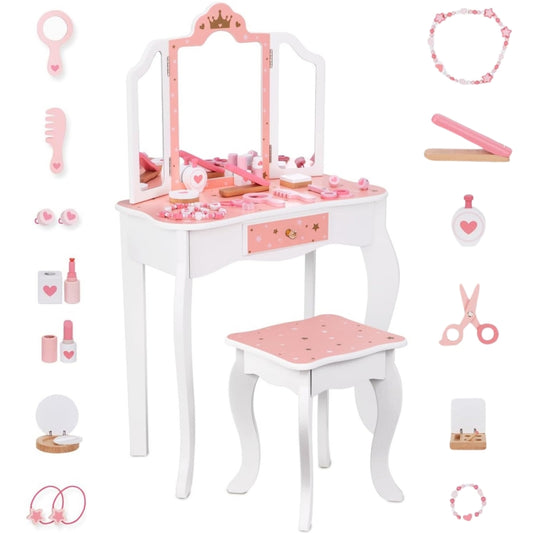TOOKY TOY Houten Make up tafel met stoel, opvouwbare spiegel, accessoires 15 stuks