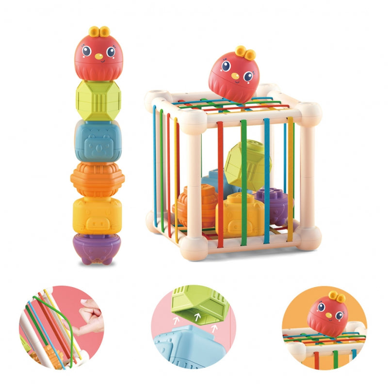 WOOPIE BABY Flexibele Sensorische Kubus - Sorteer dieren + Rammelaar 7 stuks