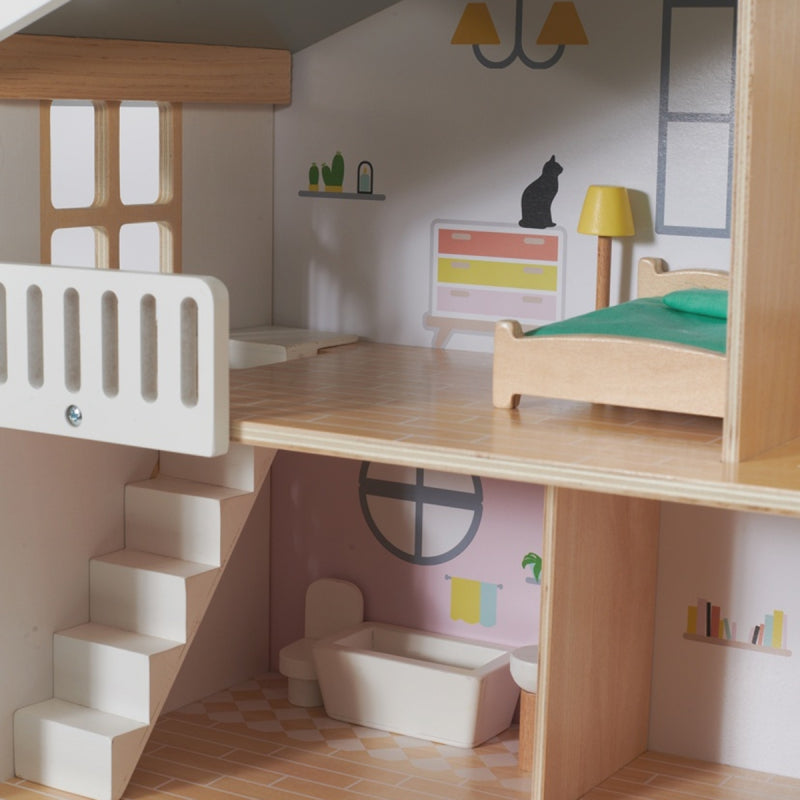 CLASSIC WORLD Groot Houten Poppenhuis van Natuurlijk Hout - 28 stuks