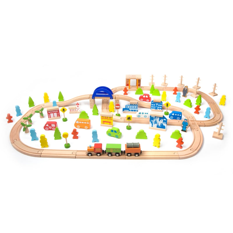CLASSIC WORLD Houten Treinset met Spoorbaan + Figuren 110 stuks