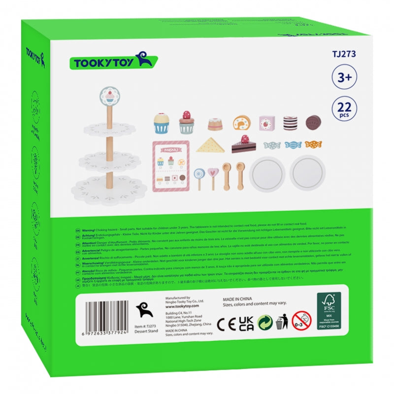 TOOKY TOY Houten Taartstandaard met Gebak en Accessoires - Creatieve Rollenspelset voor Kinderen