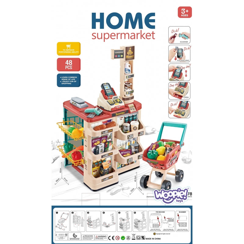 WOOPIE Speelgoed Supermarkt Speelwinkel met Winkelwagentje, Weegschaal, Kassa, Scanner + 48 Accessoires