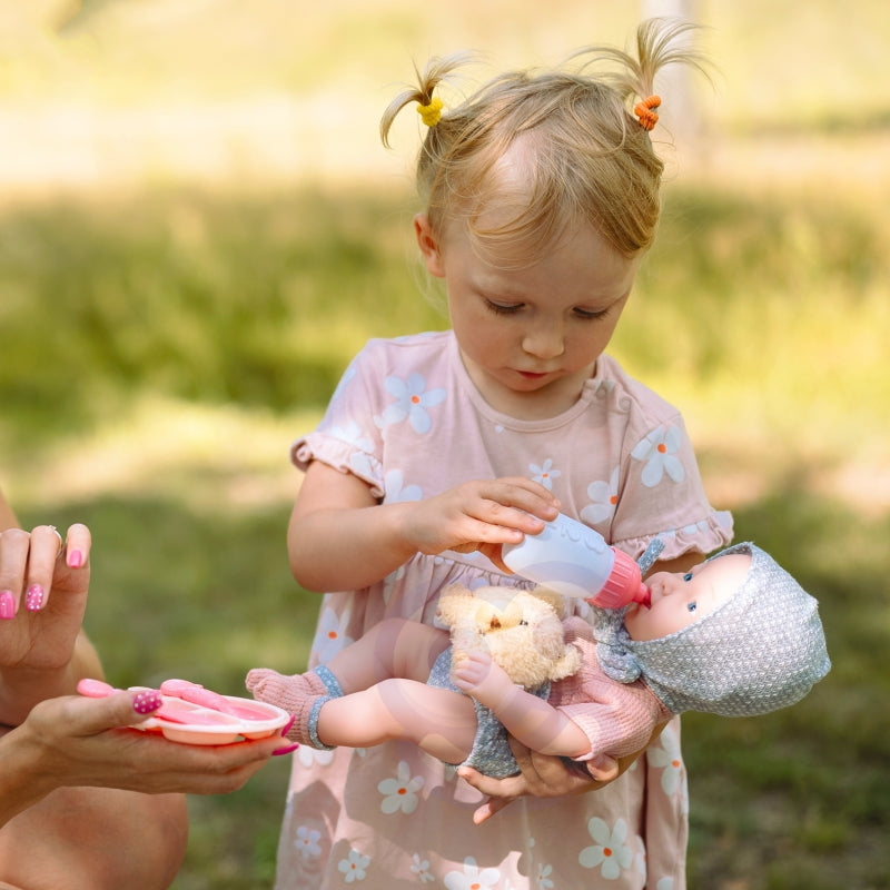 WOOPIE Baby pop 36 cm in kleding met Teddy Beer en eet Accessoires