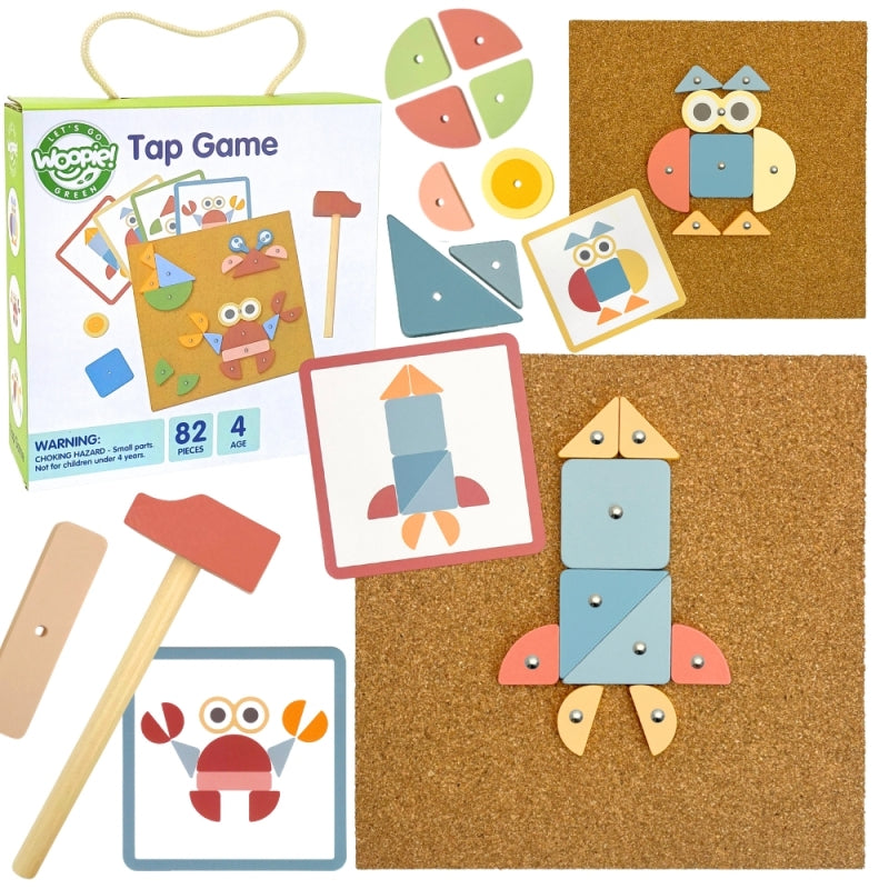 WOOPIE GREEN Houten Hamerspel met Spijkerbord – Puzzel met 20 Patronen – 82 stuks