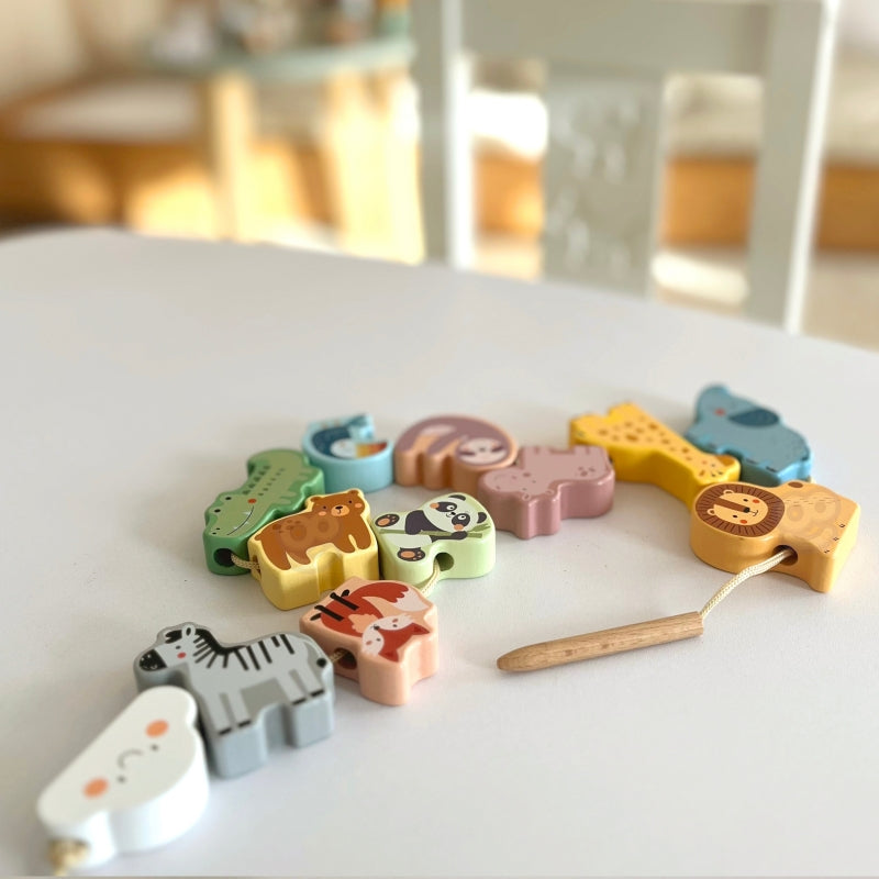 WOOPIE GREEN Houten Rijgspel Blokken van dieren 13 stuks -  Rijgspel - Montessori speelgoed