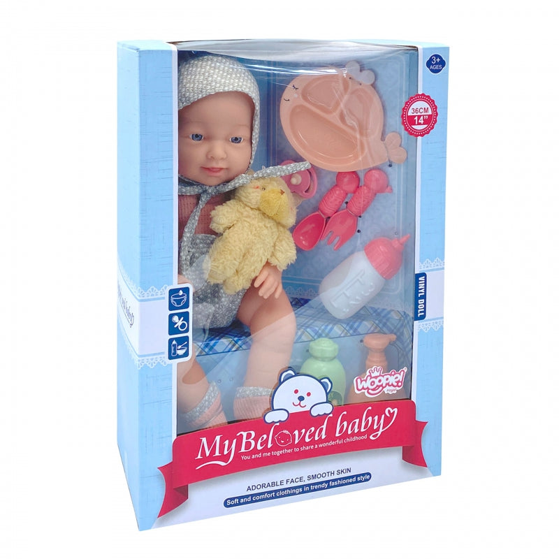 WOOPIE Baby pop 36 cm in kleding met Teddy Beer en eet Accessoires