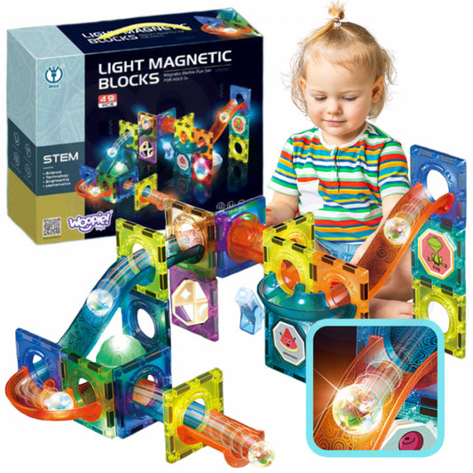WOOPIE Magnetische Bouwstenen Lichtgevende Kogelsbaan, Knikkerbaan 49 stuks