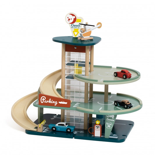CLASSIC WORLD Vintage houten garage met 3 auto's, helikopter, wasstraat en tankstation