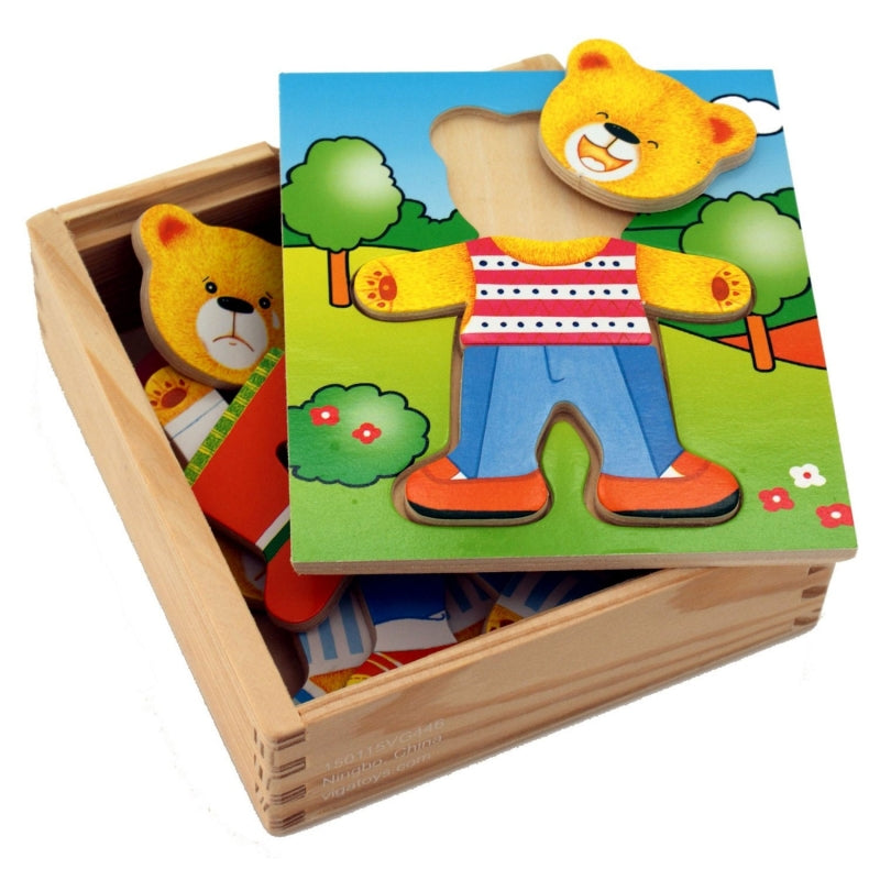 VIGA Houten Beren Puzzel voor Peuters - Kleed de Beerjongen aan