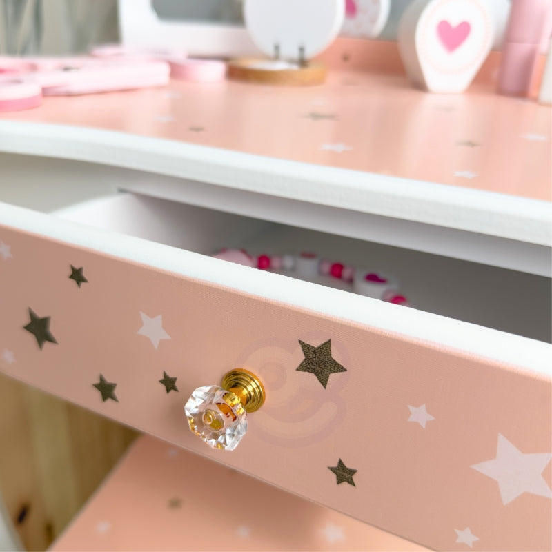 TOOKY TOY Houten Make up tafel met stoel, opvouwbare spiegel, accessoires 15 stuks