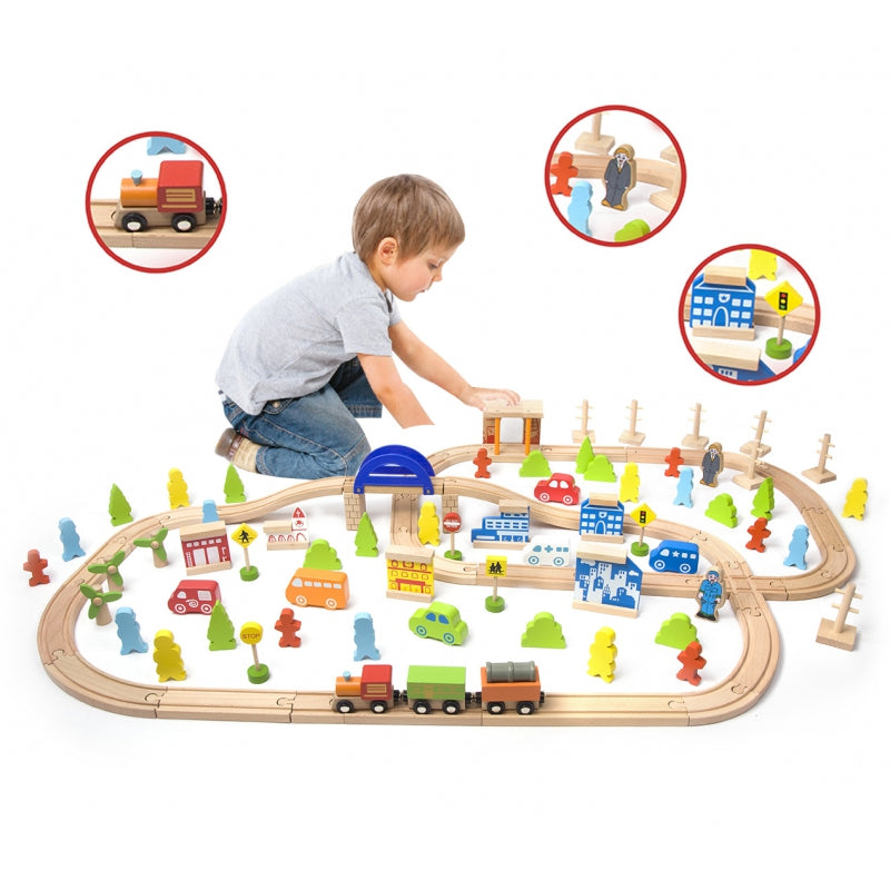 CLASSIC WORLD Houten Treinset met Spoorbaan + Figuren 110 stuks