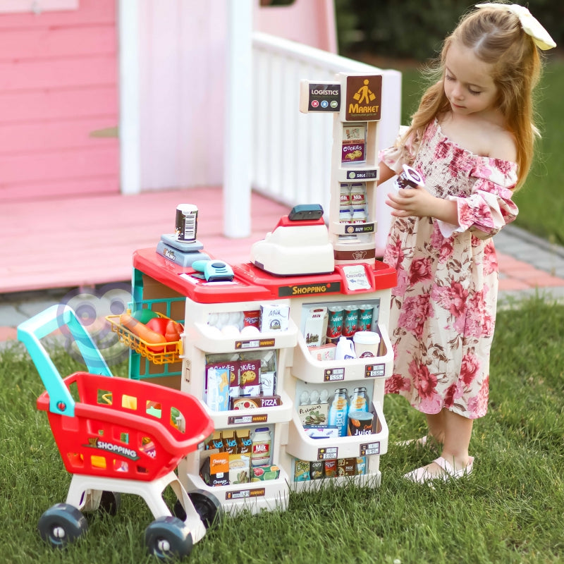 WOOPIE Speelgoed Supermarkt Speelwinkel met Winkelwagentje, Weegschaal, Kassa, Scanner + 48 Accessoires