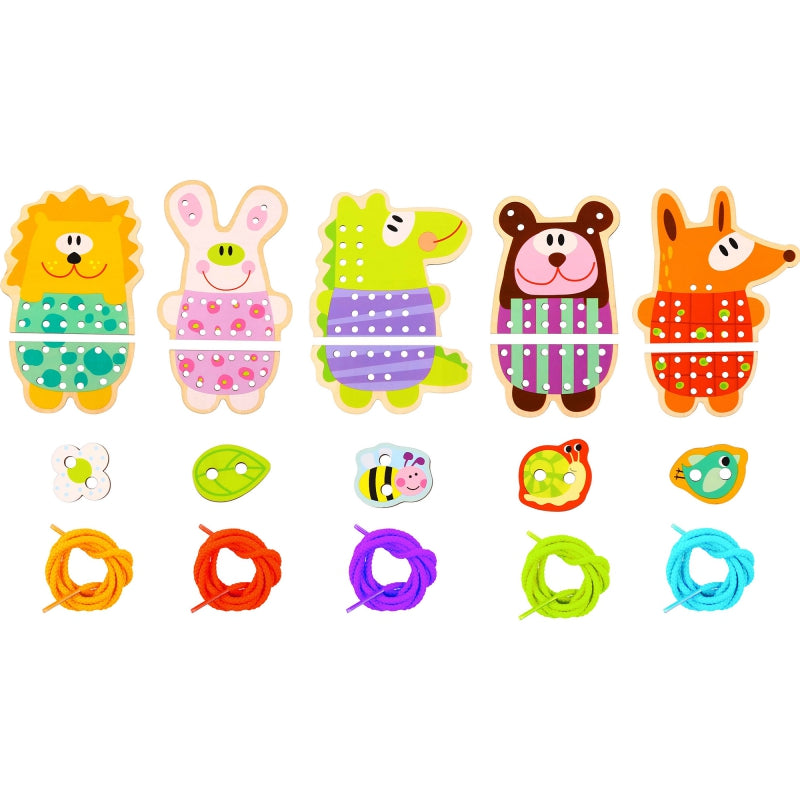 WOOPIE GREEN 5-in-1  Houten Rijgspel -Dieren Rijgen Set - (Engelstalig)