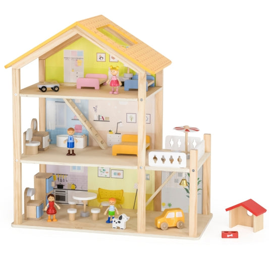 VIGA Houten Poppenhuisset met Poppen en Accessoires