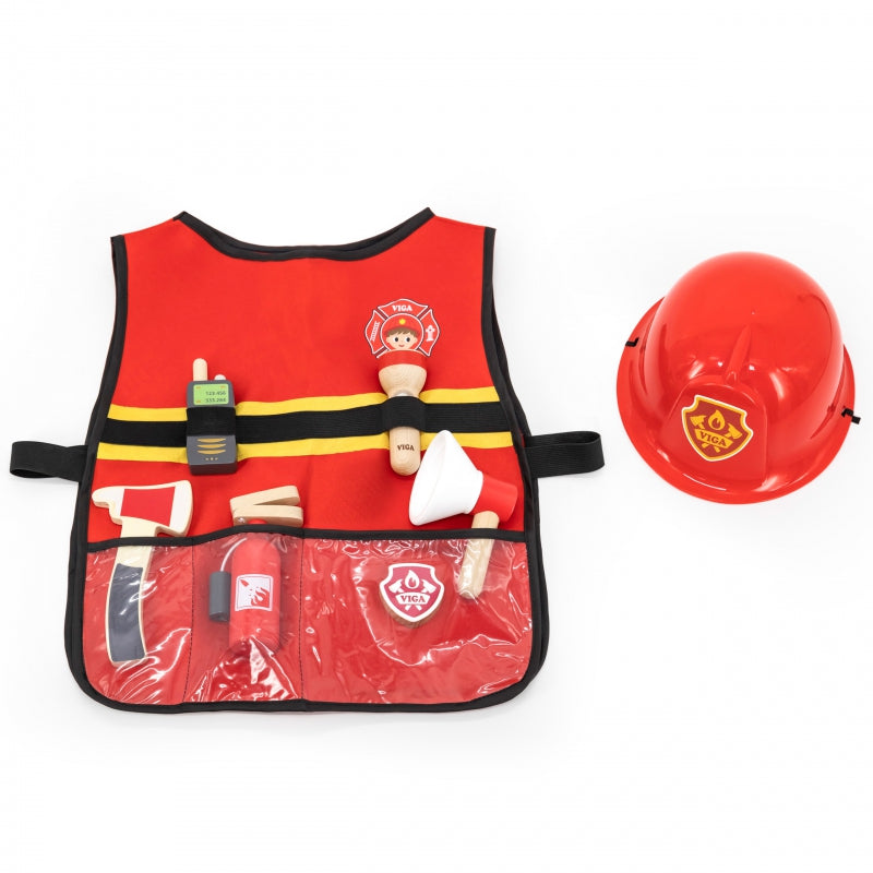 VIGA Kleine Brandweer Vest + Houten accessoires - 8 stuks