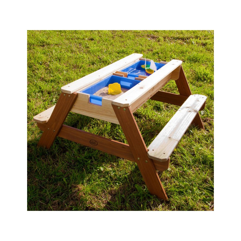 AXI Picknicktafel met Bankje, Parasol en Water-/Zandbakken