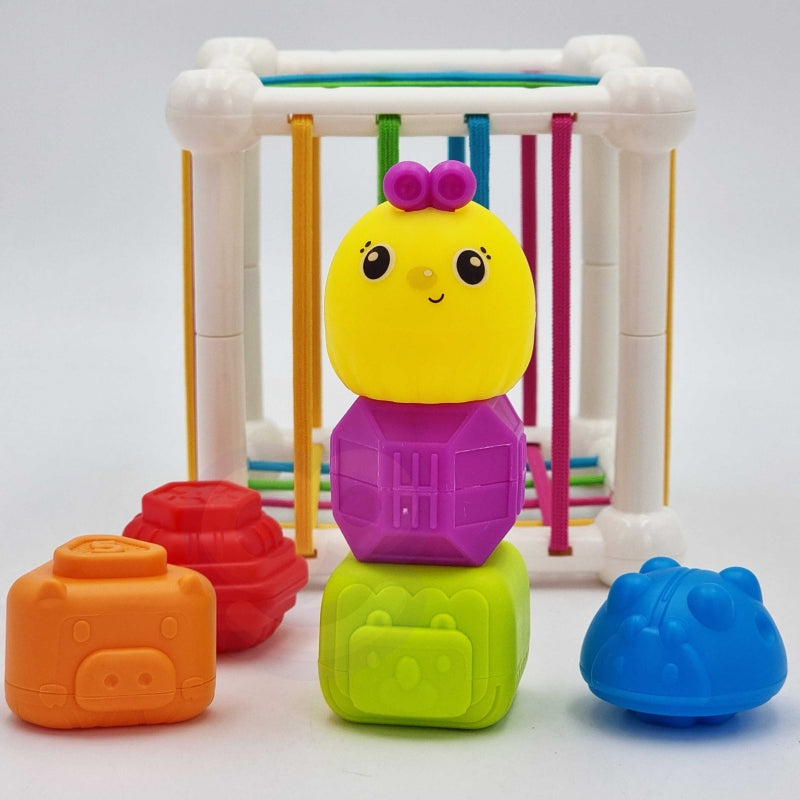 WOOPIE BABY Flexibele Sensorische Kubus - Sorteer dieren + Rammelaar 7 stuks