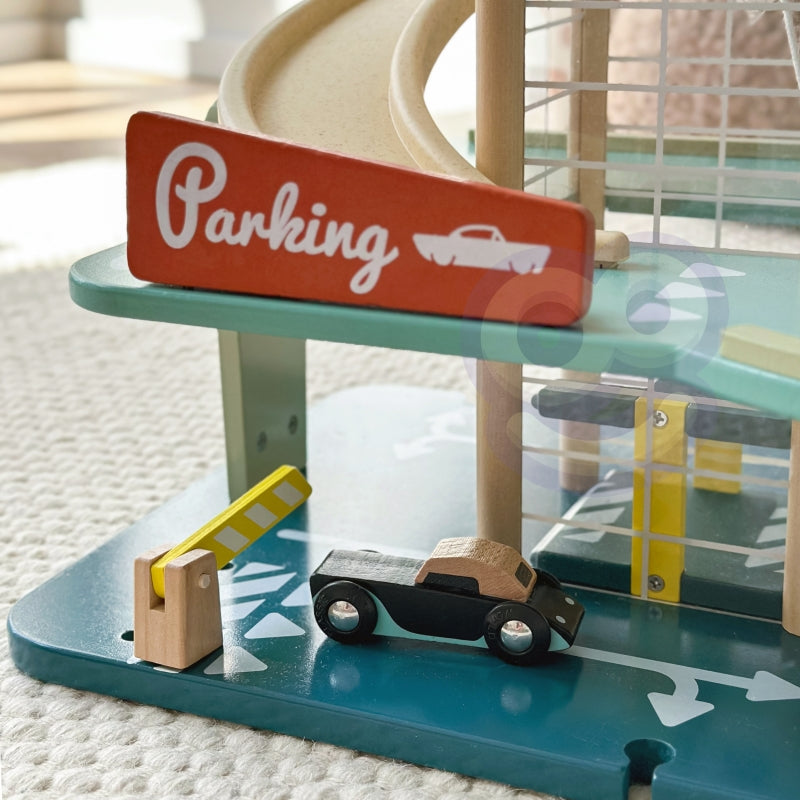 CLASSIC WORLD Vintage houten garage met 3 auto's, helikopter, wasstraat en tankstation