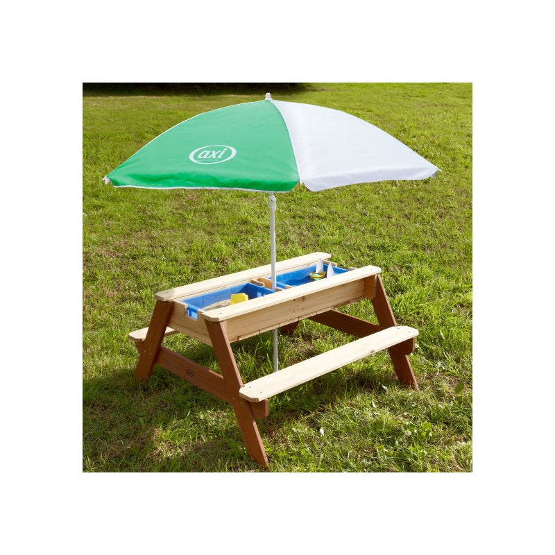 AXI Picknicktafel met Bankje, Parasol en Water-/Zandbakken