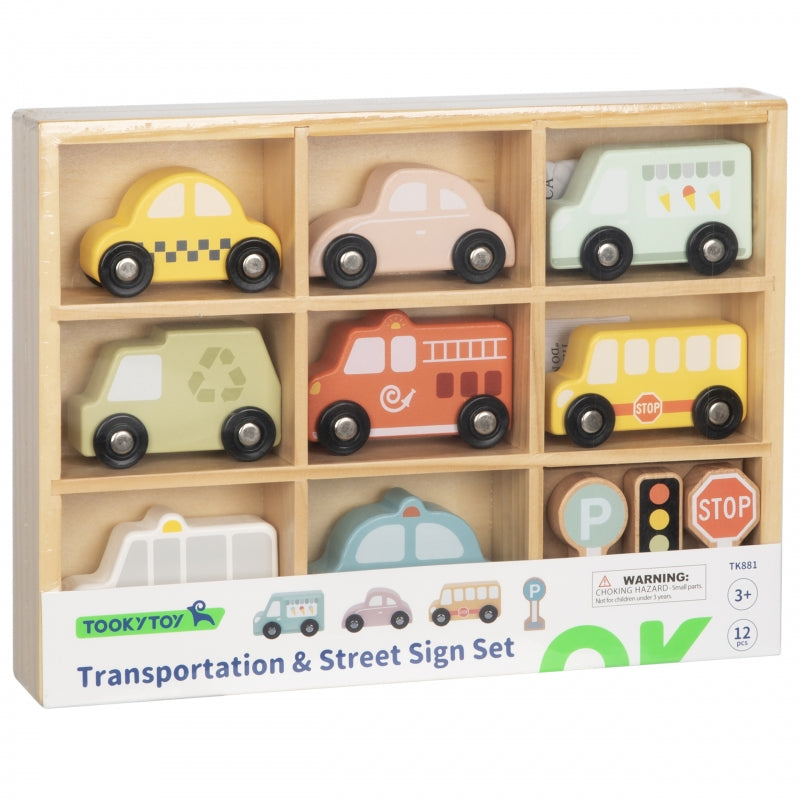 TOOKY TOY Set van Houten Voertuigen en Verkeersborden in houten standaard
