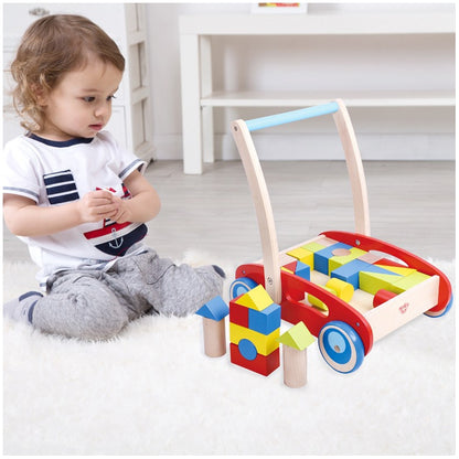 TOOKY TOY Houten Loopwagen Duwspeelgoed voor Kinderen + 23-delige Blokkenset