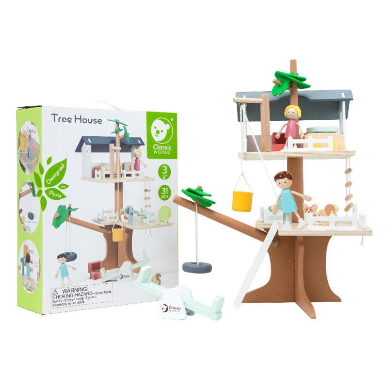 CLASSIC WORLD Houten speelgoed boomhut voor poppen - 31 stuks