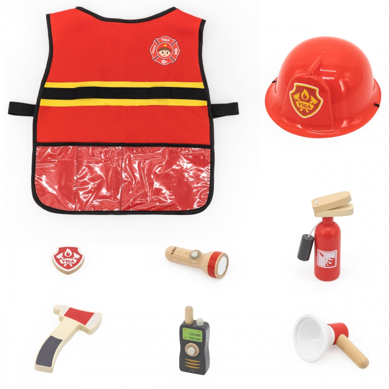 VIGA Kleine Brandweer Vest + Houten accessoires - 8 stuks