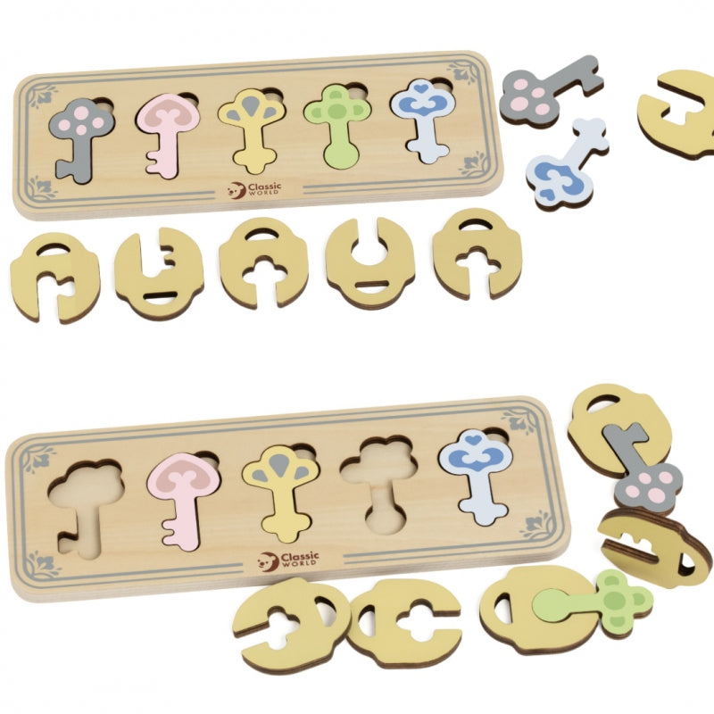 CLASSIC WORLD Houten Montessori Sensorische Puzzel met Sleutels en Slotjes