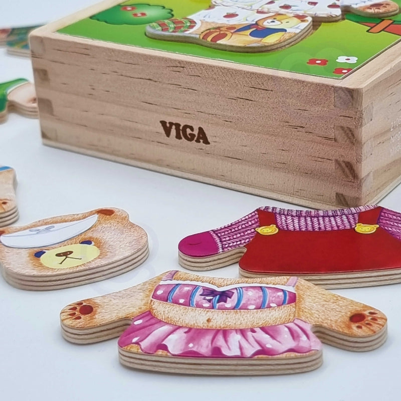 VIGA Houten Logische kinder Puzzel – Kleed de Beer en het Meisje aan