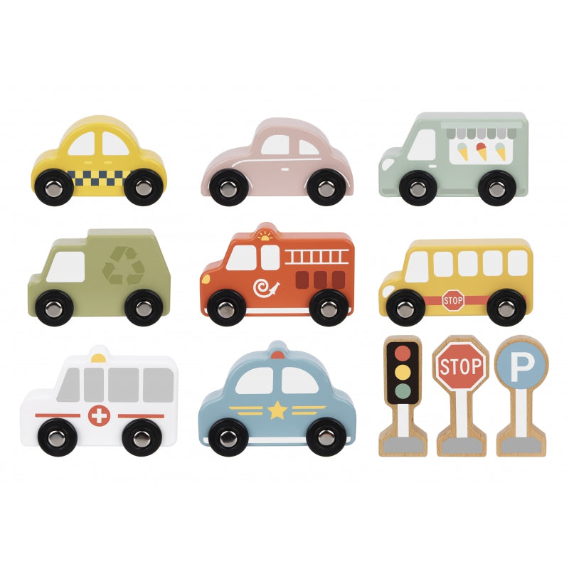 TOOKY TOY Set van Houten Voertuigen en Verkeersborden in houten standaard