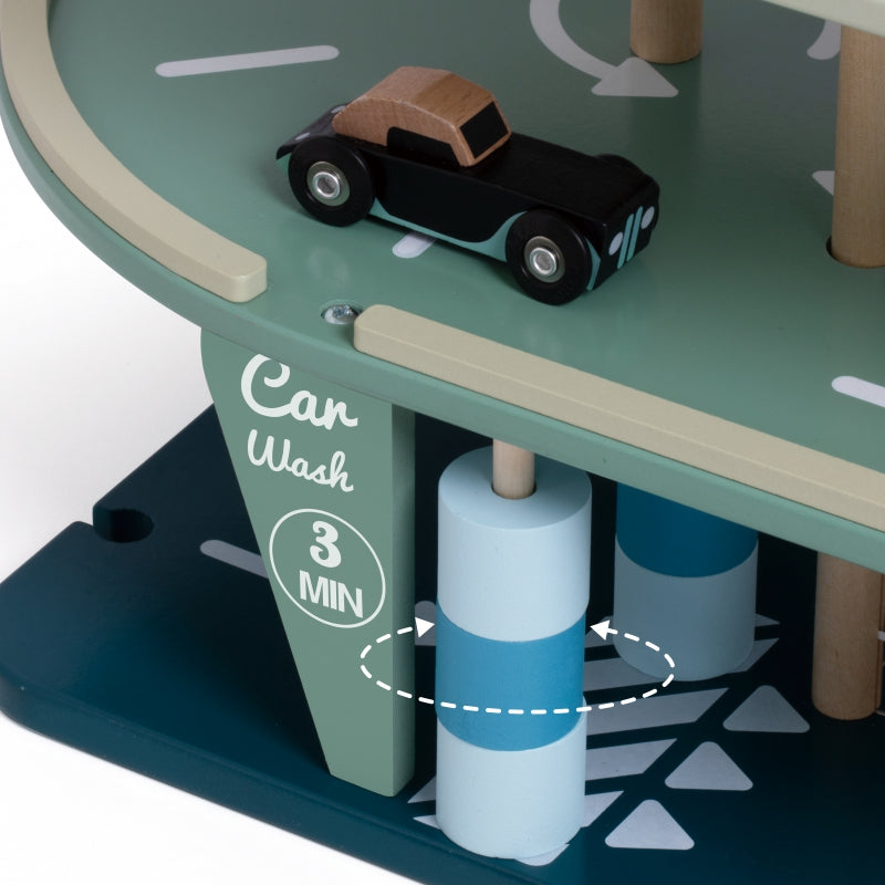 CLASSIC WORLD Vintage houten garage met 3 auto's, helikopter, wasstraat en tankstation