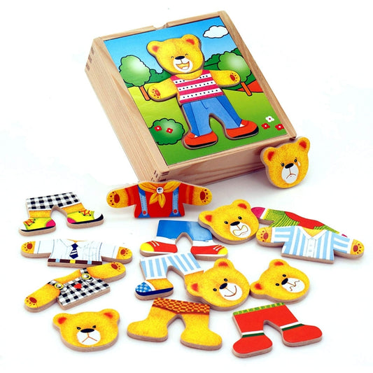 VIGA Houten Beren Puzzel voor Peuters - Kleed de Beerjongen aan