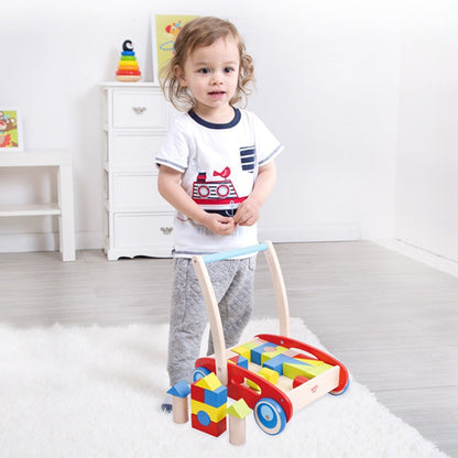TOOKY TOY Houten Loopwagen Duwspeelgoed voor Kinderen + 23-delige Blokkenset