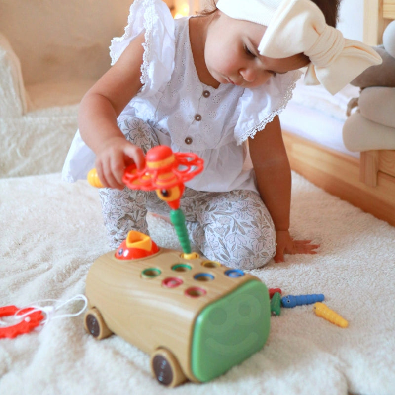 WOOPIE 3-in-1 Vaardigheidsspel: Houthakker Vogel, Insectenhamer en Duwwagen voor Baby's